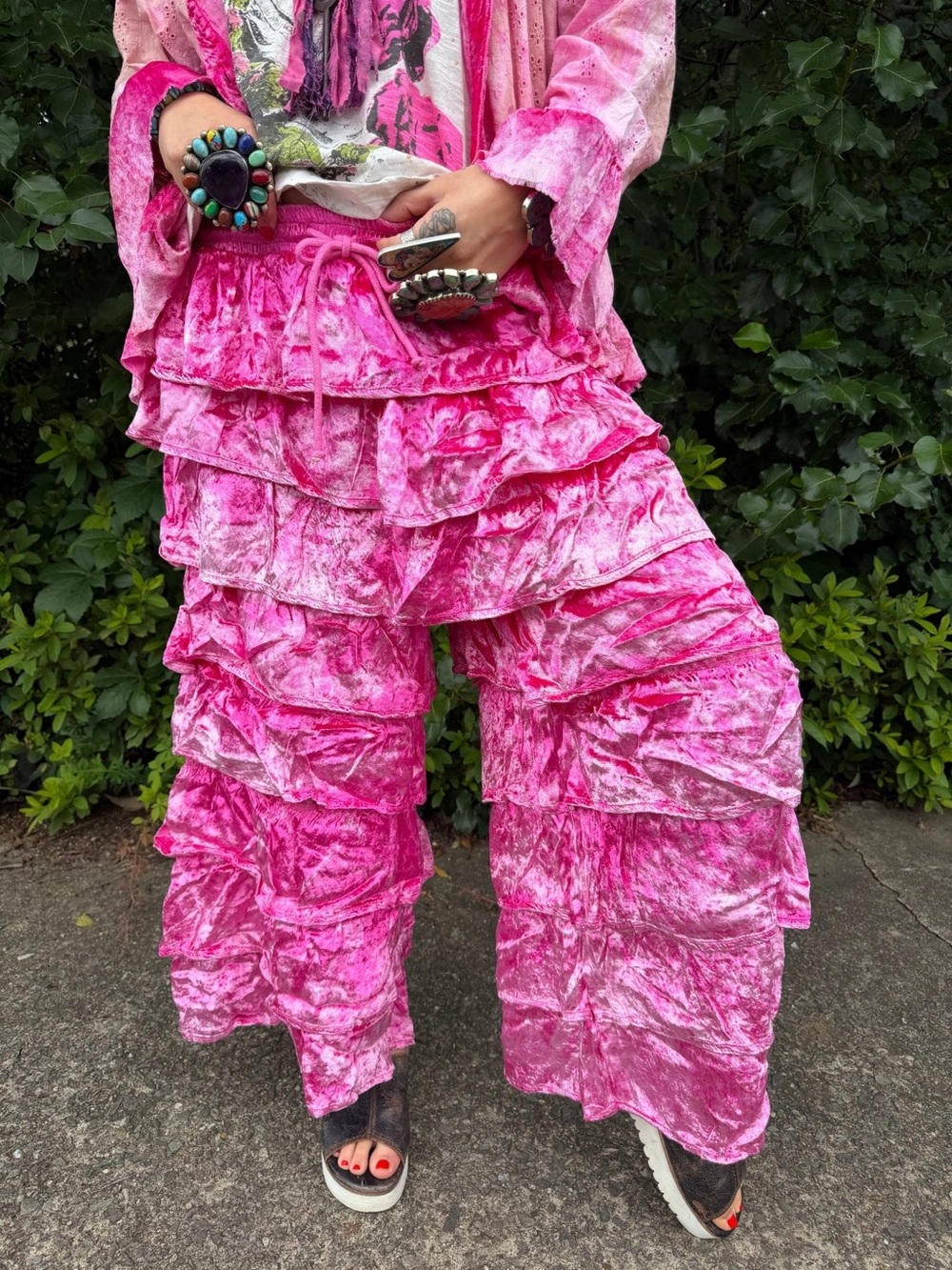 A Rare Bird Vibrant Pink Ruffle Wide-Leg Velvet Pants